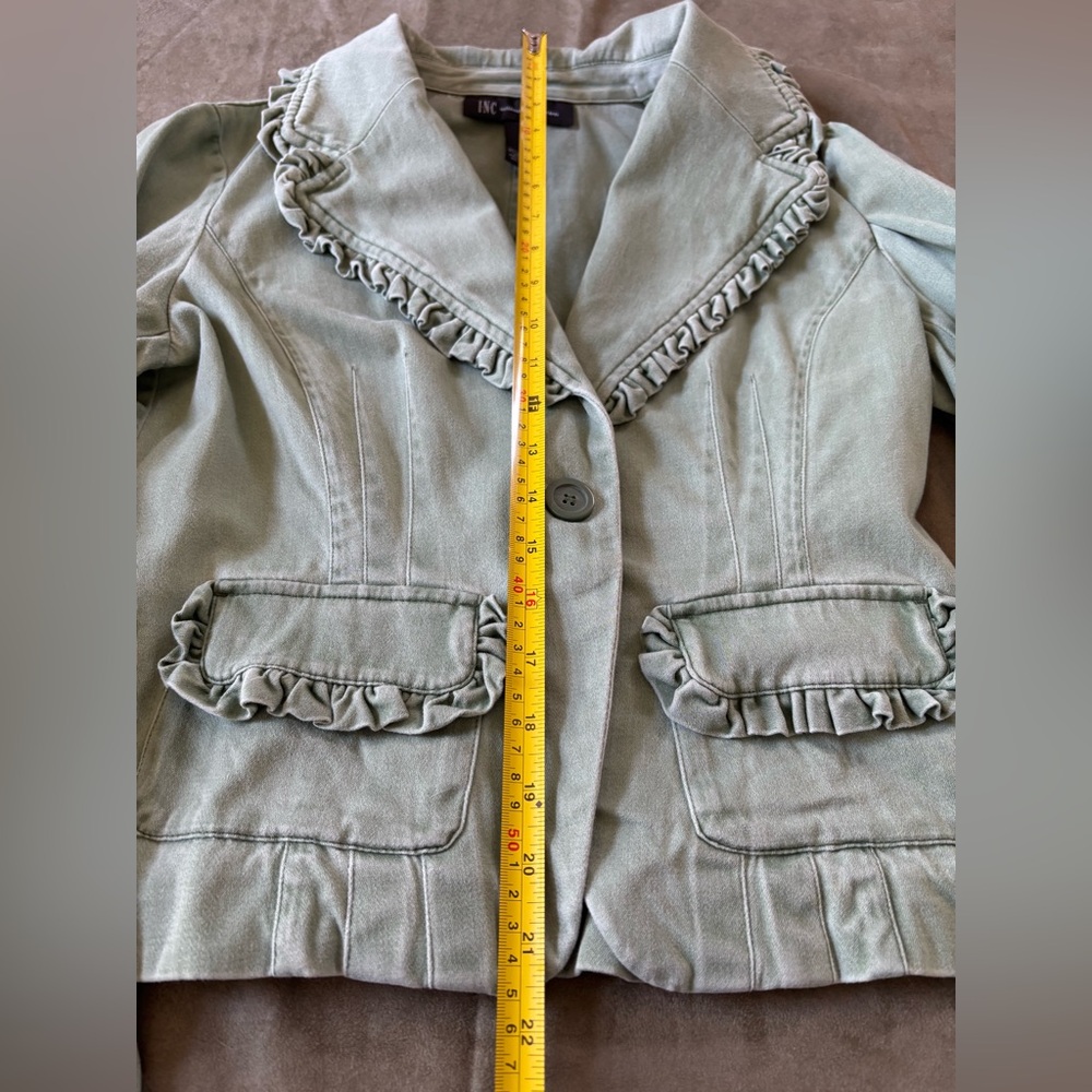 INC Women’s SZ S Vintage Cropped Blazer w/Ruffled Collar/Pockets/Cuffs LightSage - Picture 14 of 16